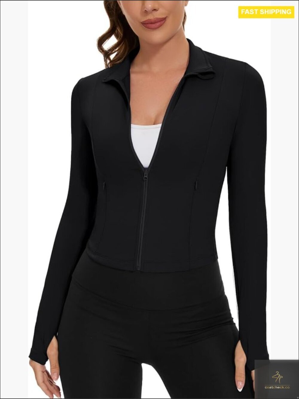 Cropped Workout Jacket Zip Up Slim Fit Athletic Track Top with Thumbholes